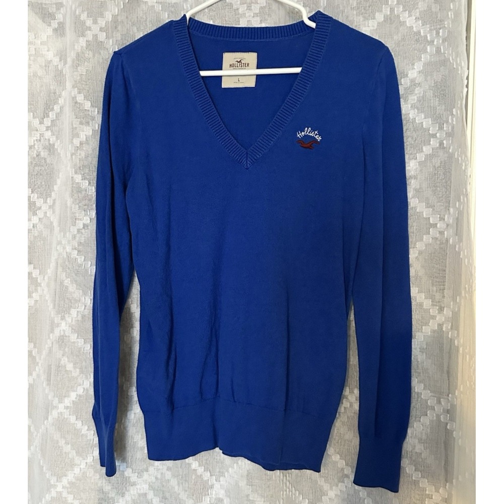 Mens Hollister V Neck‎ Long Sleeve Pullover Sweater Royal Blue Lightweight Large